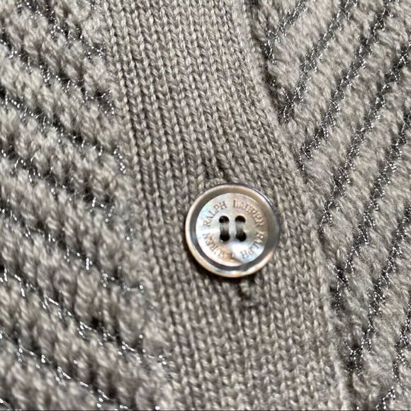 Ralph Lauren Gray Cashmere V-Neck Metallic Herringbone Knit Cardigan Sweater - Picture 9 of 16